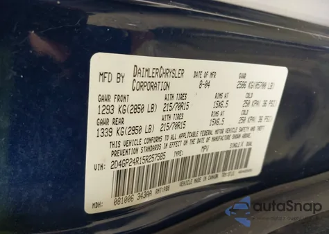 2005 Dodge Grand Caravan Se z USA, uszkodzony, nr VIN 2D4GP24R15R257585